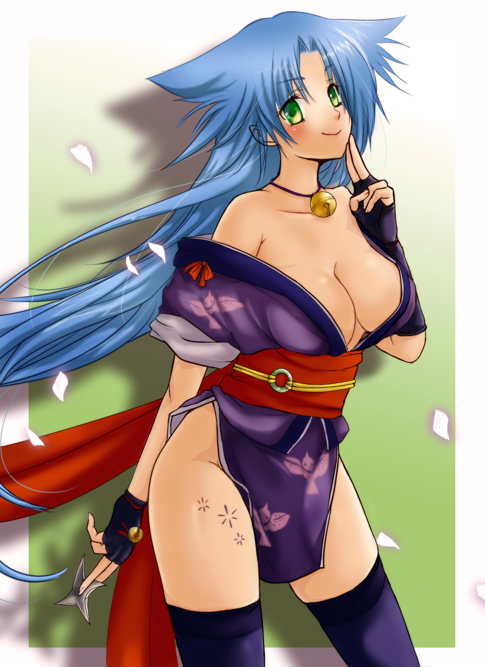 1girl bare_shoulders bell blue_hair breasts cleavage collar fingerless_gloves gloves green_eyes highres japanese_clothes kimono large_breasts long_hair looking_at_viewer nekosasa no_panties rance_(series) sengoku_rance smile solo suzume_(rance) thigh-highs