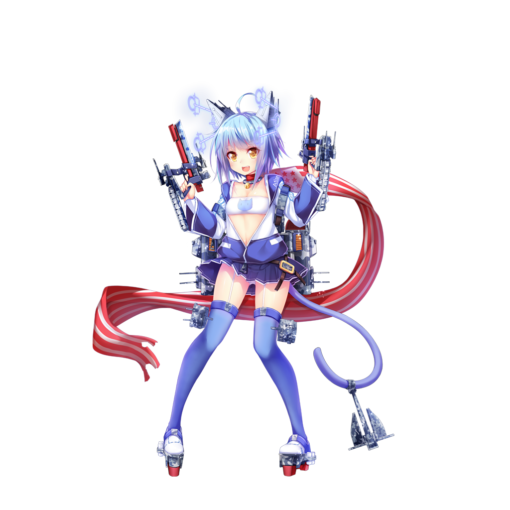1girl :d ahoge aixioo american_flag anchor animal_ears atlanta_(zhan_jian_shao_nyu) bell bell_collar blue_hair blue_legwear blue_skirt breasts cannon cat_tail collar depth_charge fake_animal_ears fang flag_print garter_straps holding holding_weapon jacket long_sleeves machinery navel official_art open_clothes open_jacket open_mouth panties panty_peek pleated_skirt radio_antenna remodel_(zhan_jian_shao_nyu) scarf short_hair skirt small_breasts smile solo standing strapless tail thigh-highs transparent_background tubetop turret underwear weapon white_panties yellow_eyes zhan_jian_shao_nyu
