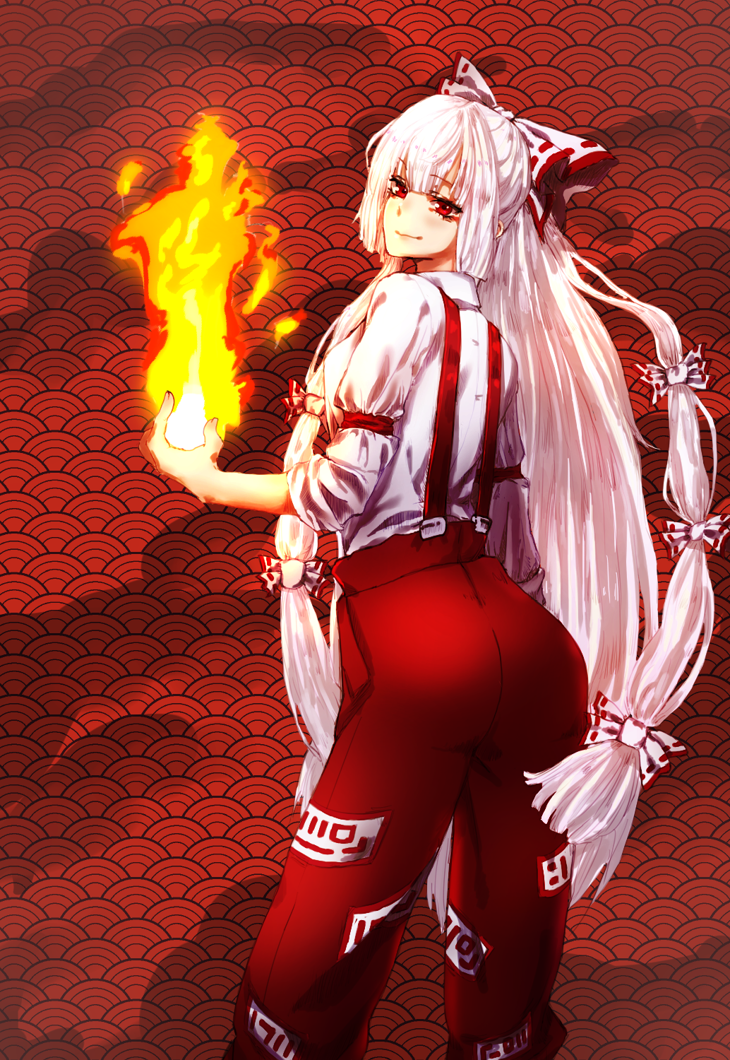 1girl arched_back arm_at_side ass bangs blhe blunt_bangs bow breasts collared_shirt fire fireball flame from_behind fujiwara_no_mokou hair_bow highres light_smile long_hair looking_to_the_side medium_breasts pants red_background red_eyes red_pants seigaiha shirt sleeve_rolled_up solo suspenders touhou very_long_hair white_hair white_shirt