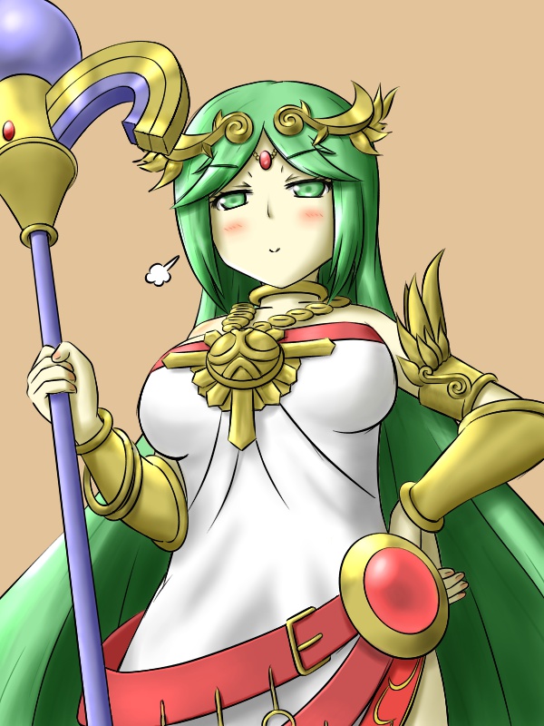 &gt;:) 1girl armlet bangs belt blush breasts choker cowboy_shot dress fingernails forehead_jewel fume gem goddess green_eyes green_hair holding jewelry kid_icarus kid_icarus_uprising large_breasts long_hair multiple_belts namaixy necklace nintendo palutena parted_bangs pendant side_slit smile solo staff strapless strapless_dress swept_bangs tiara vambraces very_long_hair