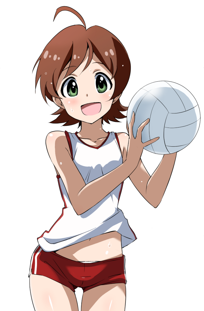 1girl brown_hair collarbone green_eyes holding idolmaster idolmaster_million_live! looking_at_viewer navel open_mouth panties panty_peek red_shorts short_hair shorts simple_background solo sportswear sweat underwear volleyball volleyball_uniform white_background white_panties yumekaranigeruna