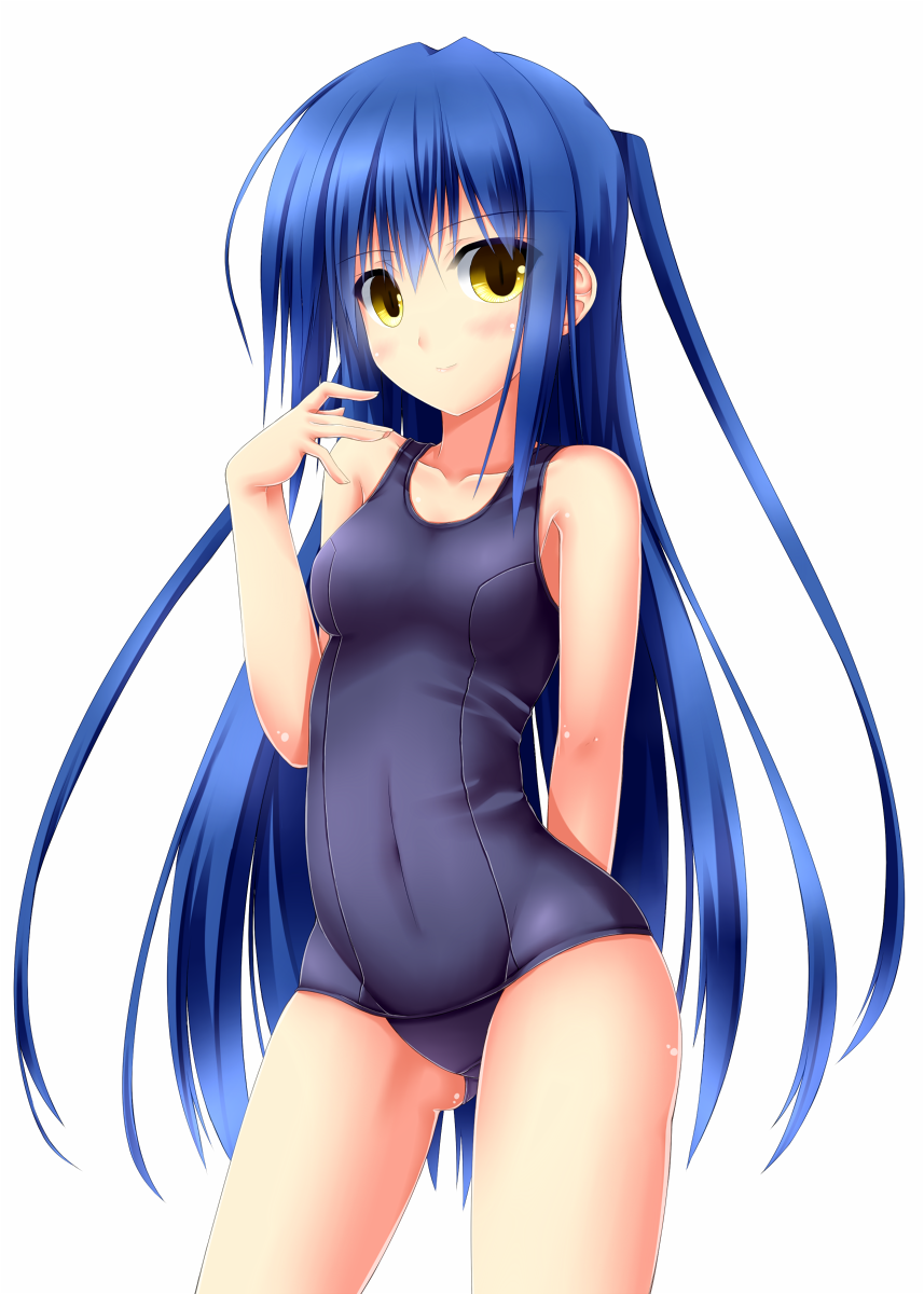 1girl arm_behind_back ass_visible_through_thighs blue_hair blush breasts cowboy_shot groin_tendon highres long_hair original school_swimsuit shouyan small_breasts smile solo swimsuit white_background yellow_eyes