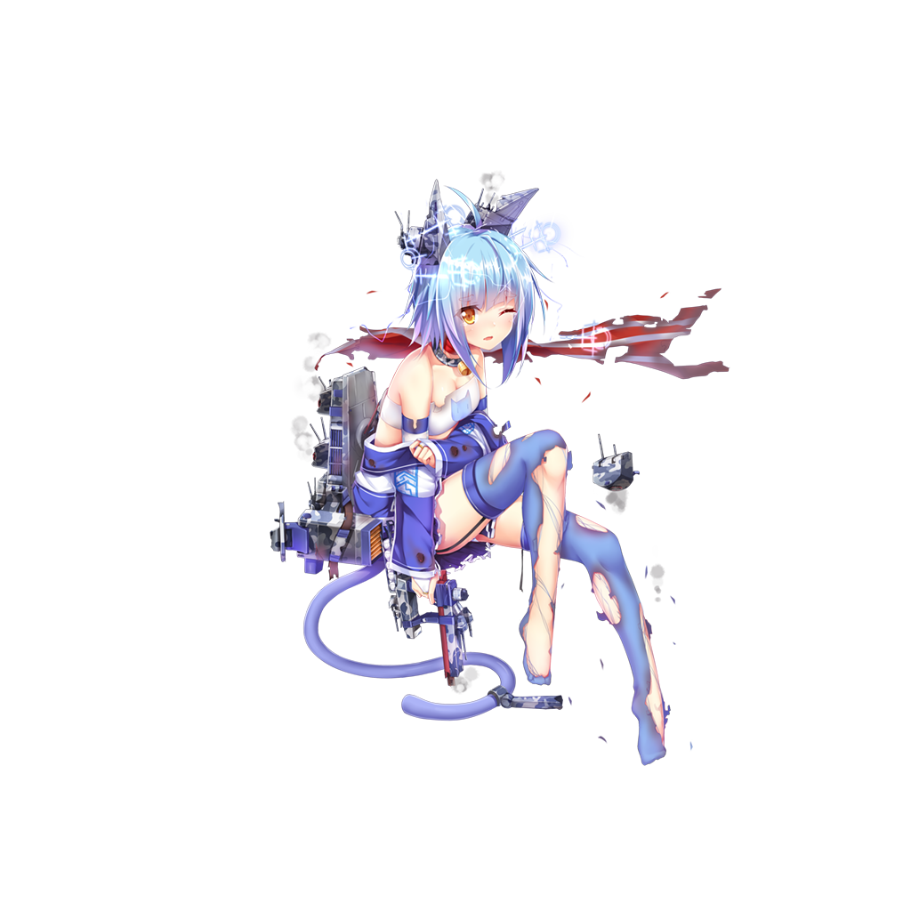 1girl ahoge aixioo american_flag animal_ears atlanta_(zhan_jian_shao_nyu) bell bell_collar blue_hair blue_legwear blue_skirt breasts broken cannon cat_tail collar damaged depth_charge fake_animal_ears flag_print garter_straps holding holding_weapon jacket_off_shoulders long_sleeves machinery official_art one_eye_closed parted_lips pleated_skirt remodel_(zhan_jian_shao_nyu) scarf short_hair skirt small_breasts smoke solo strapless tail thigh-highs torn_clothes transparent_background tubetop turret weapon yellow_eyes zhan_jian_shao_nyu