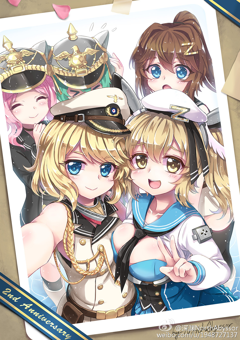 &gt;_&lt; 5girls :d :o aiguillette artist_name belt belt_pouch beret black_jacket black_legwear blonde_hair blue_eyes blush breasts brown_hair buttons cleavage cleavage_cutout closed_eyes double-breasted english green_hair hat helmet highres jacket long_sleeves looking_at_viewer military military_hat military_uniform multiple_girls north_abyssor open_mouth petals photo_(object) pickelhaube pink_hair ponytail sailor_collar self_shot shirt signature sleeveless smile text thigh-highs uniform v water watermark weibo_username white_jacket white_shirt yellow_eyes z16_friedrich_eckoldt_(zhan_jian_shao_nyu) z1_leberecht_maass_(zhan_jian_shao_nyu) z21_wilhelm_heidkamp_(zhan_jian_shao_nyu) z22_anton_schmitt_(zhan_jian_shao_nyu) z31_(zhan_jian_shao_nyu) zhan_jian_shao_nyu