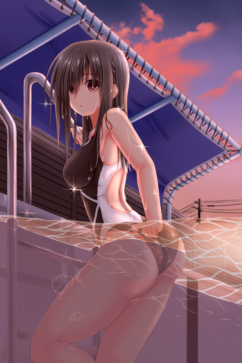 1girl :o adjusting_clothes adjusting_swimsuit ass back bangs black_hair breasts brown_hair climbing_ladder competition_swimsuit from_side hair_over_eyes highres large_breasts long_hair looking_at_viewer looking_back multicolored_swimsuit one-piece_swimsuit original outdoors partially_underwater_shot pool pool_ladder power_lines red_eyes shouyan sky solo sparkle sunset swimsuit tan tanline tarpaulin utility_pole water wedgie wet wet_clothes wet_hair wet_swimsuit
