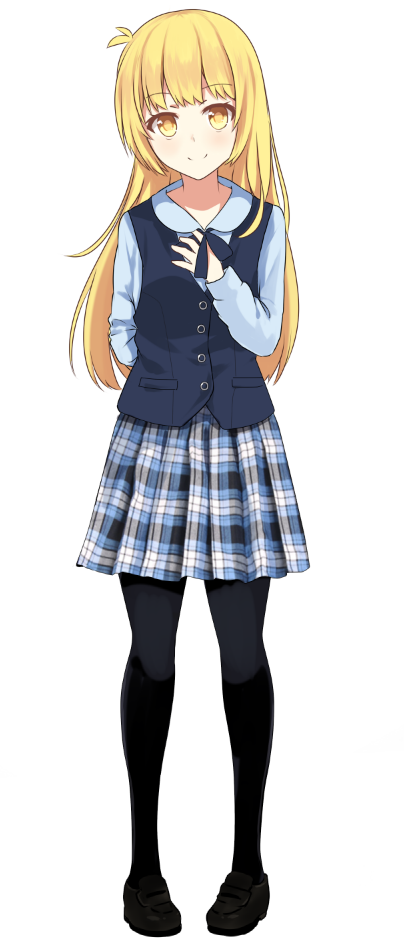 1girl beifeng_han blonde_hair cyou_shigen long_hair looking_at_viewer original pantyhose plaid plaid_skirt school_uniform simple_background skirt solo white_background yellow_eyes