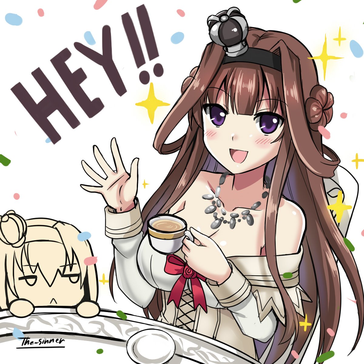 2girls artist_name blush breasts brown_hair cleavage commentary cup double_bun dress english hair_between_eyes highres jewelry kantai_collection kongou_(kantai_collection) large_breasts long_hair looking_at_viewer multiple_girls necklace open_mouth saucer simple_background tea teacup the-sinner violet_eyes warspite_(kantai_collection) warspite_(kantai_collection)_(cosplay) waving white_dress