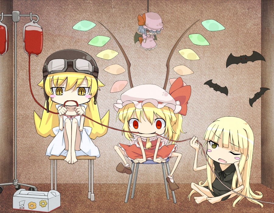 3girls barefoot bat bat_wings blonde_hair blood blood_bag blush_stickers button_eyes chair chibi crossover doll dress drinking_blood empty_eyes evangeline_a_k_mcdowell fangs flandre_scarlet goggles goggles_on_head hat helmet hidarikata indoors legs_up long_hair mahou_sensei_negima! mob_cap monogatari_(series) multiple_girls one_eye_closed oshino_shinobu paw_print red_eyes remilia_scarlet short_sleeves side_ponytail sitting skirt skirt_set sleeveless slit_pupils smile touhou trait_connection vampire very_long_hair wings yellow_eyes