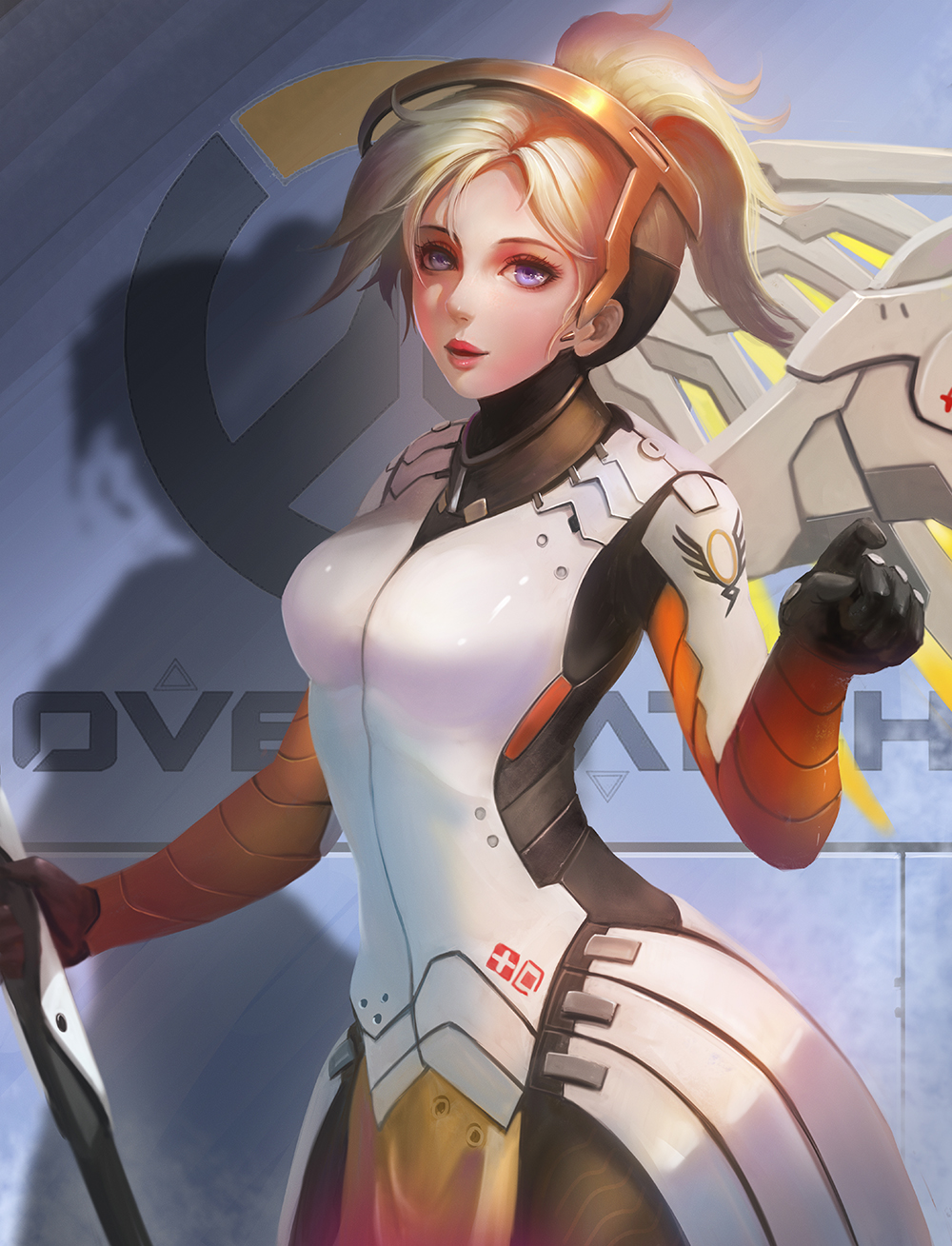 1girl blonde_hair blue_eyes breasts high_ponytail highres kaze_no_gyouja long_hair looking_at_viewer mechanical_halo mechanical_wings mercy_(overwatch) overwatch solo wings