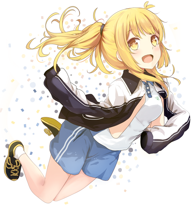 1girl :d beifeng_han blonde_hair cyou_shigen jacket long_hair looking_at_viewer open_mouth original shoes shorts smile solo tennis_shoes track_jacket yellow_eyes