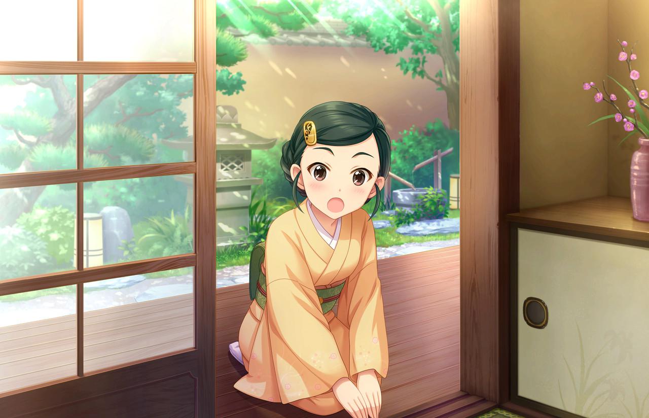 1girl :o alternate_costume artist_request black_hair brown_eyes hair_ornament hairclip idolmaster idolmaster_cinderella_girls idolmaster_cinderella_girls_starlight_stage japanese_clothes jpeg_artifacts kimono official_art open_mouth shutou_aoi