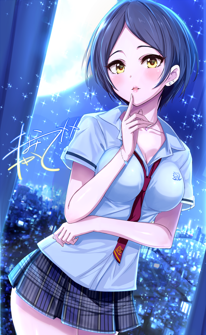 1girl bangs black_hair blush breasts cleavage dutch_angle earrings full_moon glowing hayami_kanade idolmaster idolmaster_cinderella_girls jewel_(the_black_canvas) jewelry looking_at_viewer moon necklace necktie parted_bangs pleated_skirt school_uniform short_hair signature skirt solo sparkle yellow_eyes