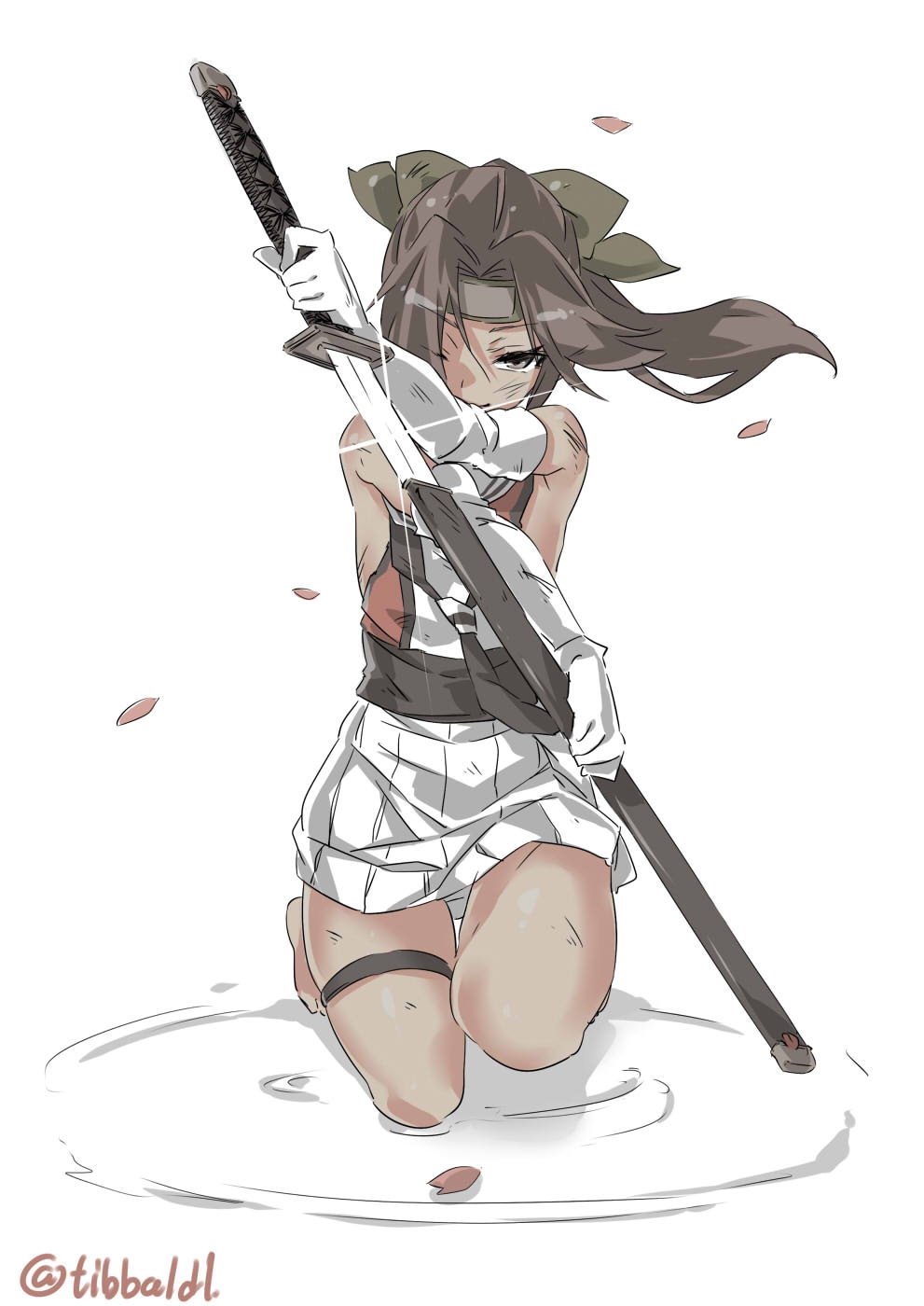 1girl arm_up bare_shoulders barefoot black_necktie bow brown_bow brown_eyes brown_hair bruise bruise_on_face ebifurya elbow_gloves eyebrows eyebrows_visible_through_hair forehead_protector full_body gloves hair_between_eyes hair_bow hair_intakes hair_over_one_eye highres holding holding_sword holding_weapon injury jintsuu_(kantai_collection) kantai_collection kneeling looking_at_viewer necktie one_eye_covered petals pleated_skirt school_uniform serafuku sheath simple_background skirt sleeveless solo sword thigh_strap twitter_username unsheathing weapon white_background white_gloves white_skirt