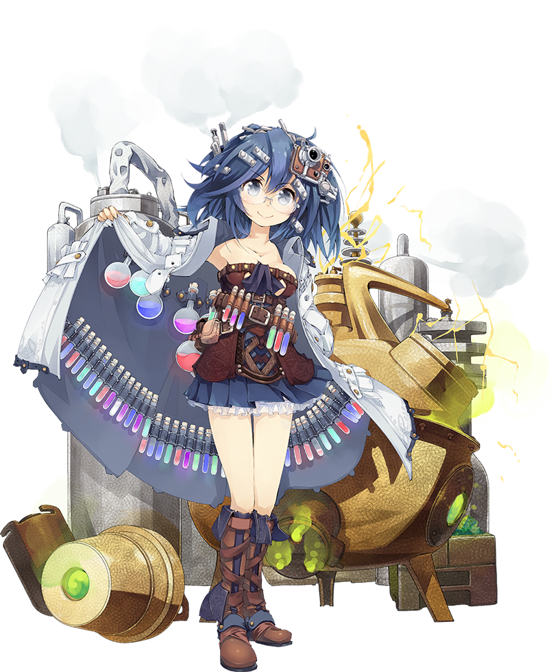 alchemy blue_eyes blue_hair blue_skirt boots electricity flask full_body glasses hair_ornament hairclip labcoat looking_at_viewer machinery nanaroku_(fortress76) official_art potion pouch sennen_sensou_aigis skirt smoke standing steam vial