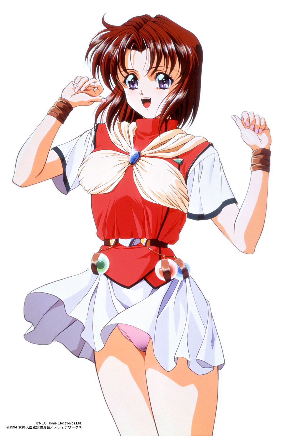 1994 1girl 90s blue_eyes copyright_name cowboy_shot dated highres lilith_(megami_paradise) megami_paradise official_art open_mouth orb panties pink_panties redhead short_hair short_sleeves simple_background skirt solo underwear upper_teeth upskirt w_arms white_background white_skirt wind wind_lift wristband yoshizane_akihiro