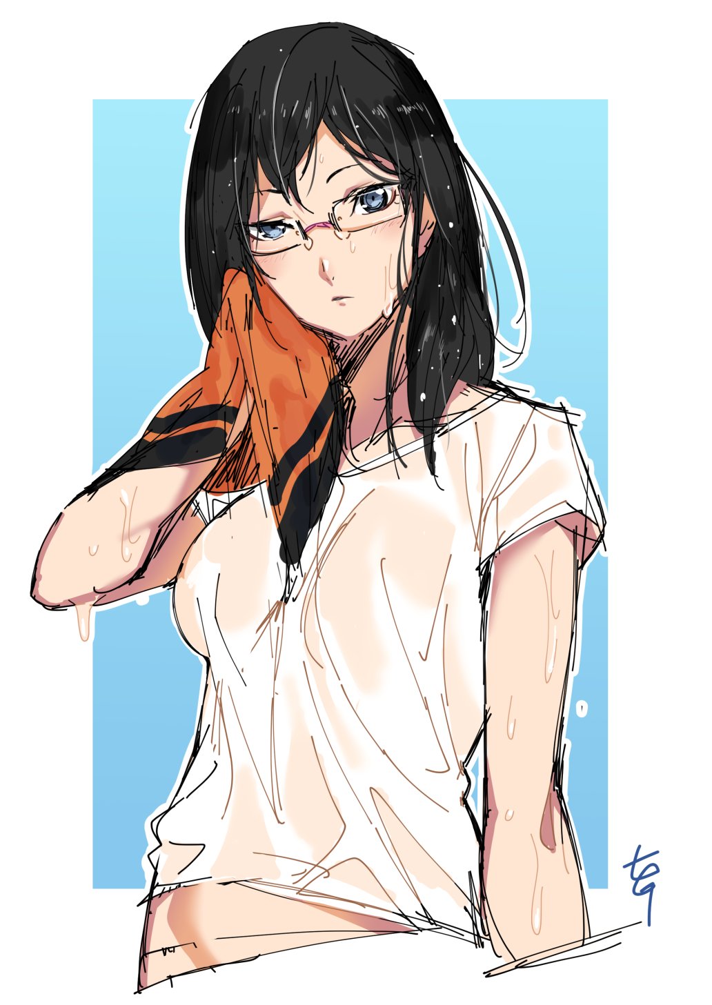 1girl black_hair blue_eyes dripping glasses haikyuu!! highres hot nana_g shimizu_kiyoko shirt sweat sweating sweating_profusely towel wet wet_clothes wet_shirt wiping_sweat