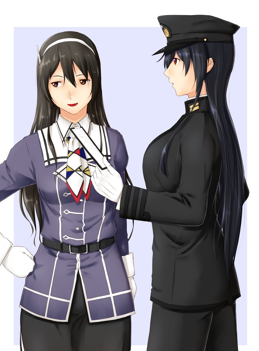 2girls ashigara_(kantai_collection) black_hair blue_background breasts brown_eyes brown_hair clipboard commentary_request epaulettes gloves hair_between_eyes hairband hand_on_hip hat highres holding_paper jacket kantai_collection large_breasts long_hair long_sleeves looking_to_the_side medium_breasts military military_hat military_uniform multiple_girls neckerchief niwatazumi open_mouth pants pantyhose peaked_cap pencil_skirt remodel_(kantai_collection) sketch skirt tatebayashi_sakurako teeth uniform white_gloves white_legwear