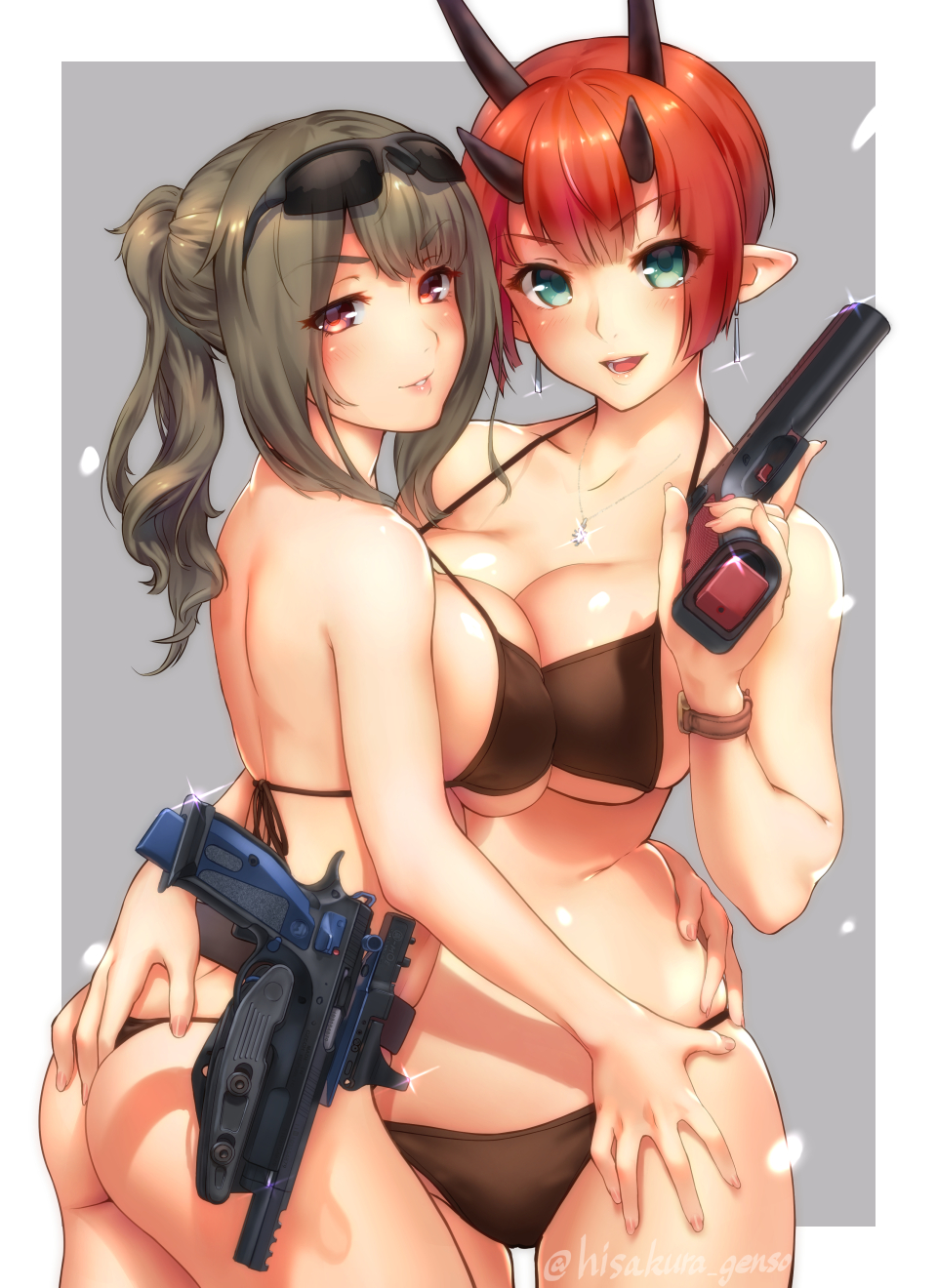 2girls :d arm_around_waist back backless_outfit bangs bare_back bare_shoulders black_bra black_panties bra breast_press breasts brown_hair cleavage cowboy_shot eyebrows eyebrows_visible_through_hair fingernails genso glint green_eyes grey_background gun halterneck hand_on_another's_ass hand_on_another's_thigh hand_on_ass hand_up handgun highres holding holding_gun holding_weapon horns jewelry large_breasts long_fingernails long_hair looking_at_viewer matching_outfit multiple_girls necklace open_mouth orange_hair original outside_border panties parted_lips pointy_ears ponytail red_eyes short_hair sideboob sleeveless smile strap_gap sunglasses sunglasses_on_head symmetrical_docking thong trigger_discipline twitter_username underwear watch watch weapon white_border