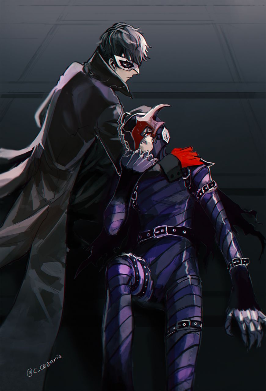 2boys akechi_gorou arm_grab black_hair coat coattails domino_mask gloves grey_eyes hand_on_shoulder highres kneeling kurusu_akira looking_at_another male_focus mask multiple_boys obo persona persona_5 red_gloves spoilers twitter_username