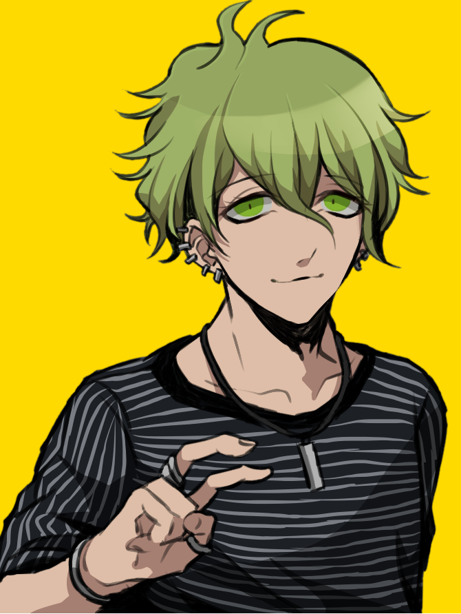 1boy bracelet dangan_ronpa ear_piercing green_eyes green_hair hisida jewelry male_focus necklace new_dangan_ronpa_v3 piercing ring shirt simple_background sleeves_pushed_up smile striped striped_shirt upper_body v yellow_background