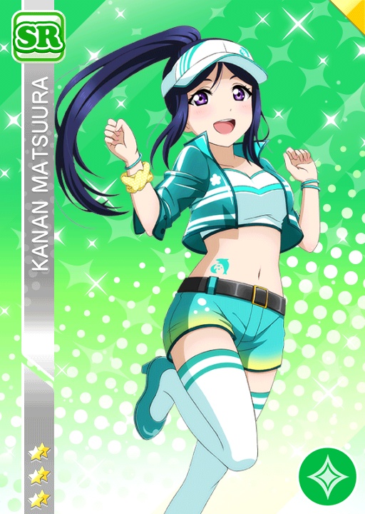 blue_hair blush character_name happy long_hair love_live!_sunshine!! matsuura_kanan ponytail purple_eyes shorts visor