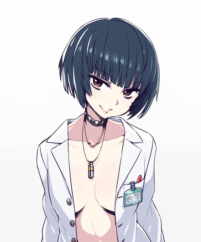 1girl black_hair breasts brown_eyes chan_co collar collarbone gradient gradient_background grin jewelry looking_at_viewer medium_breasts naked_shirt necklace no_bra persona persona_5 shirt short_hair simple_background smile solo takemi_tae upper_body