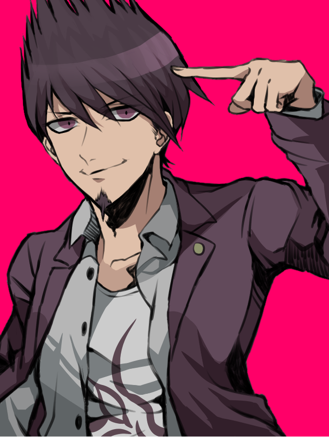 1boy beard dangan_ronpa facial_hair hisida jacket jacket_on_shoulders male_focus new_dangan_ronpa_v3 pink_eyes pointing pointing_at_self purple_hair purple_jacket smile solo upper_body violet_eyes