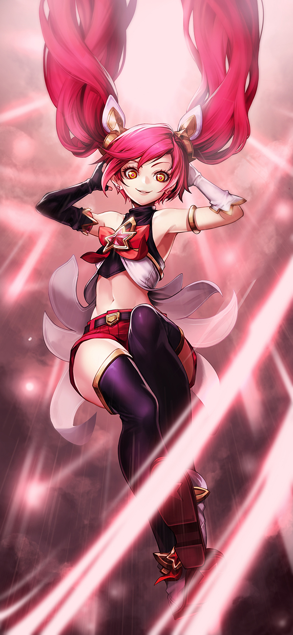1girl alternate_costume alternate_hair_color armlet armpits arms_up bare_shoulders belt black_gloves black_legwear boots fingerless_gloves gloves goomrrat hair_ornament heart heart-shaped_pupils highres jinx_(league_of_legends) league_of_legends light_beam long_hair looking_at_viewer midriff mismatched_gloves navel short_shorts shorts smile solo symbol-shaped_pupils thigh-highs twintails white_gloves