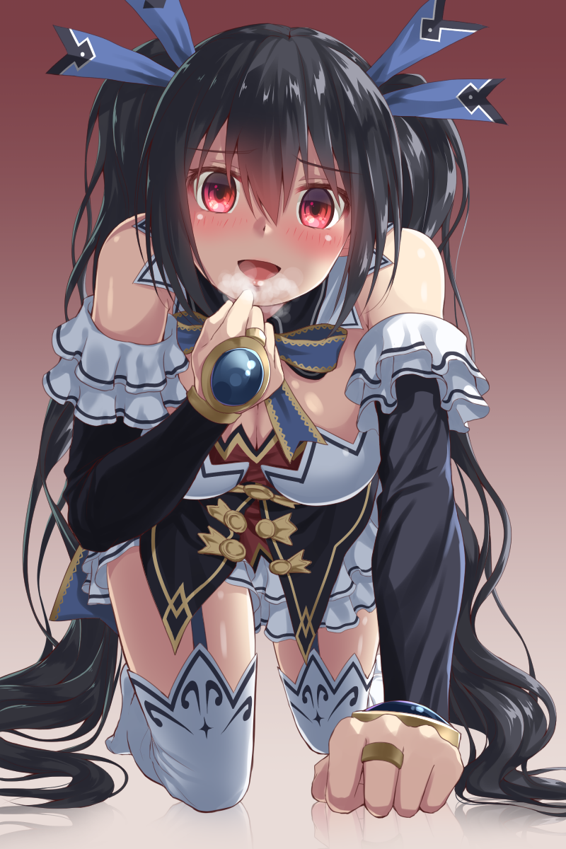 1girl bare_shoulders black_hair blush breasts choujigen_game_neptune cleavage empty_eyes garter_straps gradient gradient_background highres long_hair looking_at_viewer neptune_(series) noire oekakizuki open_mouth red_eyes reflection smile solo thigh-highs thighs twintails very_long_hair