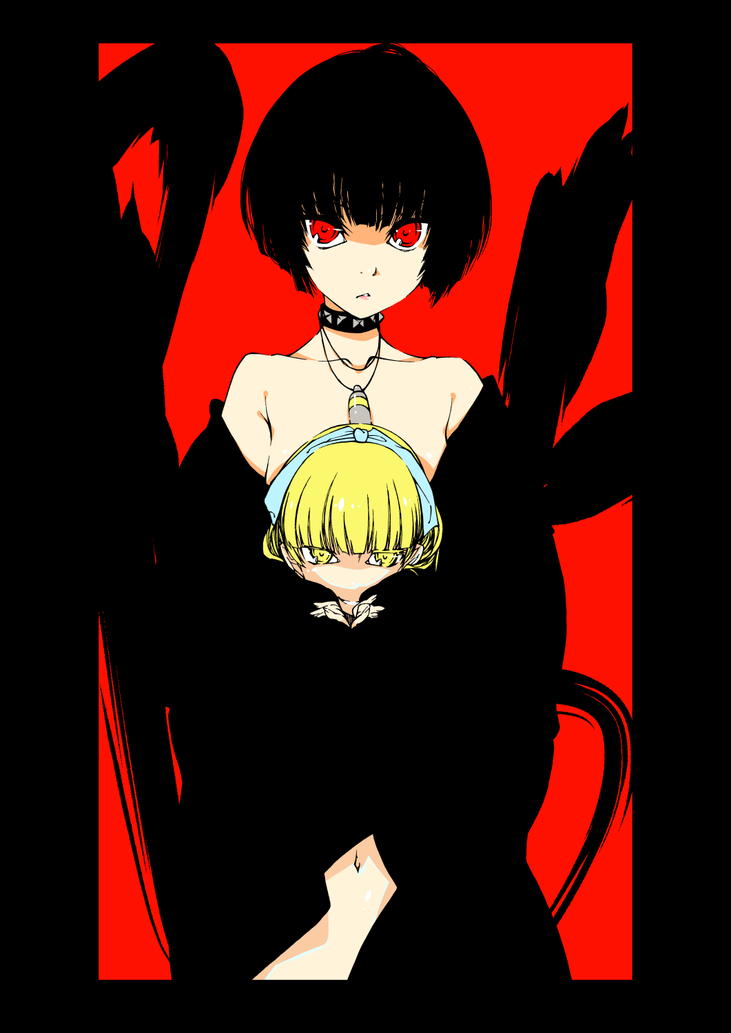 2girls benjamin character_request cloak collar collarbone highres jewelry looking_at_viewer multiple_girls navel necklace persona persona_5 red_eyes short_hair spiked_collar spikes takemi_tae