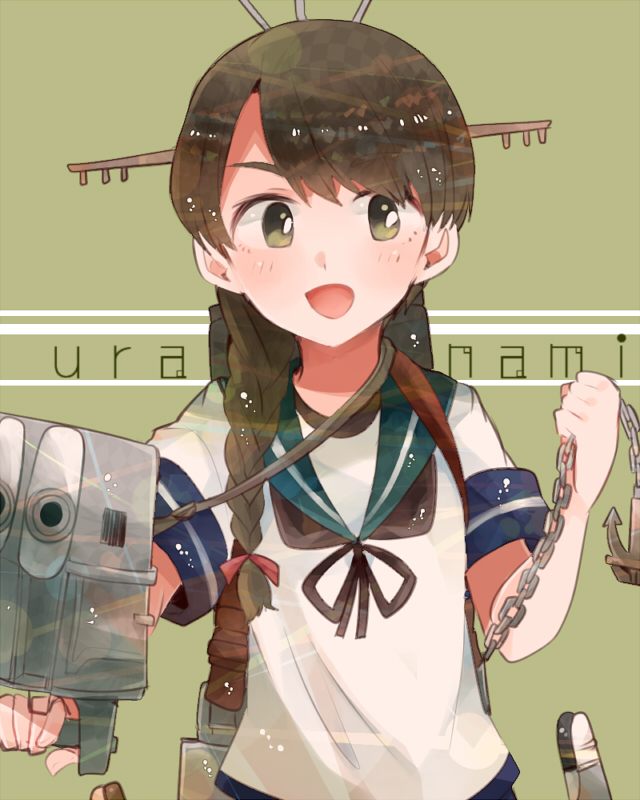 braids brown_eyes brown_hair happy kantai_collection long_hair lush persoification seifuku uranami_(kantai_collection)