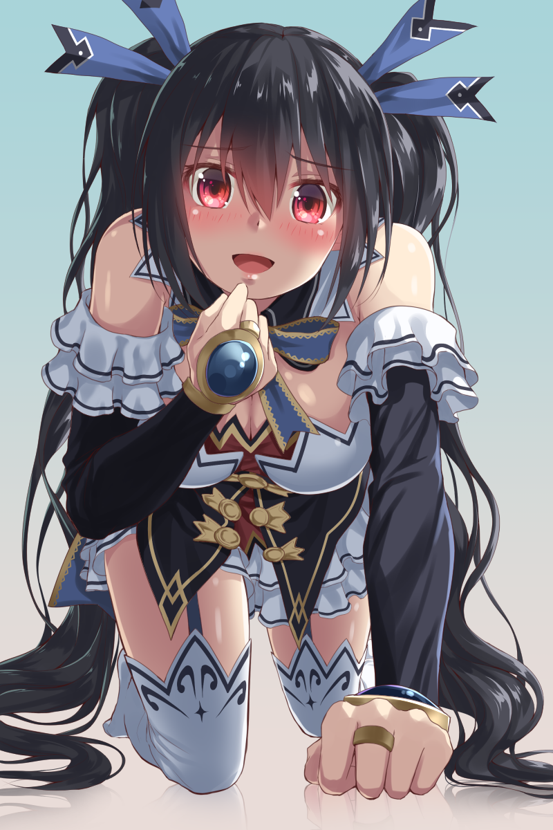 1girl bare_shoulders black_hair blush breasts choujigen_game_neptune cleavage commentary_request garter_straps gradient gradient_background highres long_hair looking_at_viewer neptune_(series) noire oekakizuki open_mouth red_eyes reflection smile solo thigh-highs thighs twintails very_long_hair