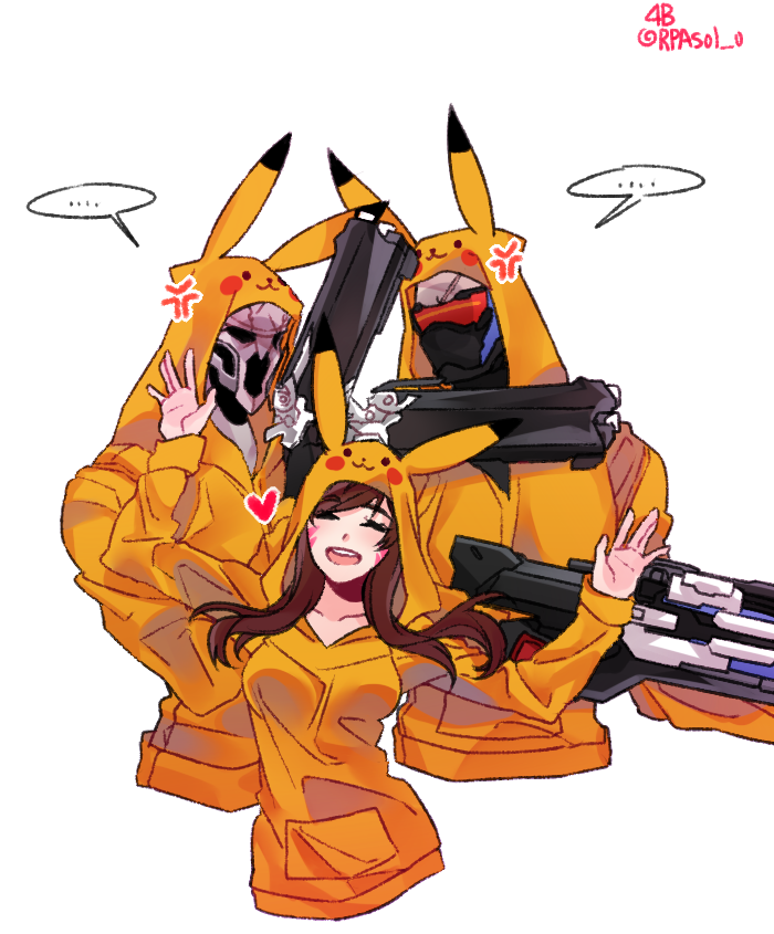 ... 1girl 2boys :d ^_^ anger_vein bangs breasts closed_eyes cosplay cropped_torso d.va_(overwatch) dual_wielding futo_20 gun hands_up happy heart hood hooded_jacket hoodie jacket long_hair long_sleeves looking_at_viewer mask matching_outfit medium_breasts multiple_boys open_mouth overwatch pikachu_(cosplay) pikachu_costume pikachu_hood pocket pokemon reaper_(overwatch) round_teeth simple_background smile soldier:_76_(overwatch) spoken_ellipsis swept_bangs teeth twitter_username visor weapon whisker_markings white_background white_hair