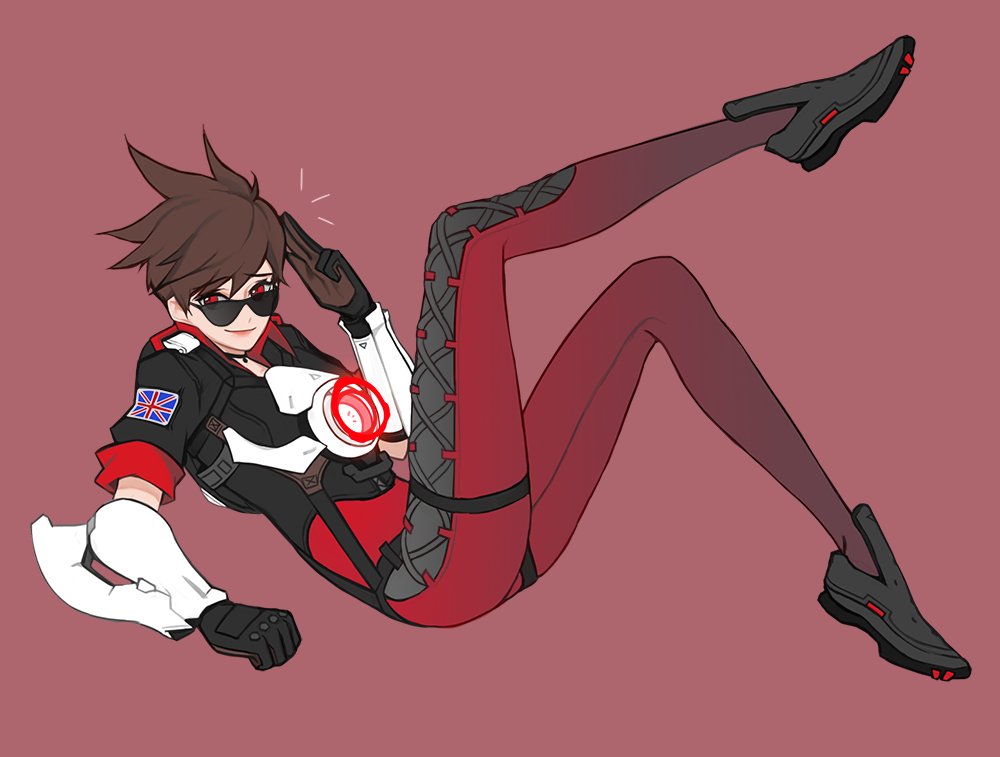 1girl alternate_color alternate_eye_color bangs black_gloves black_jacket bodysuit bomber_jacket breasts brown_hair choker cross-laced_clothes cross-laced_legwear dark_persona gloves hand_up harness jacket knee_up leather leather_jacket leg_up legs_apart looking_at_viewer neosnim overwatch pants red_background red_eyes salute short_hair short_sleeves simple_background sleeves_rolled_up smile solo spiky_hair strap sunglasses thigh_strap tight tight_pants tracer_(overwatch) two-finger_salute union_jack vambraces