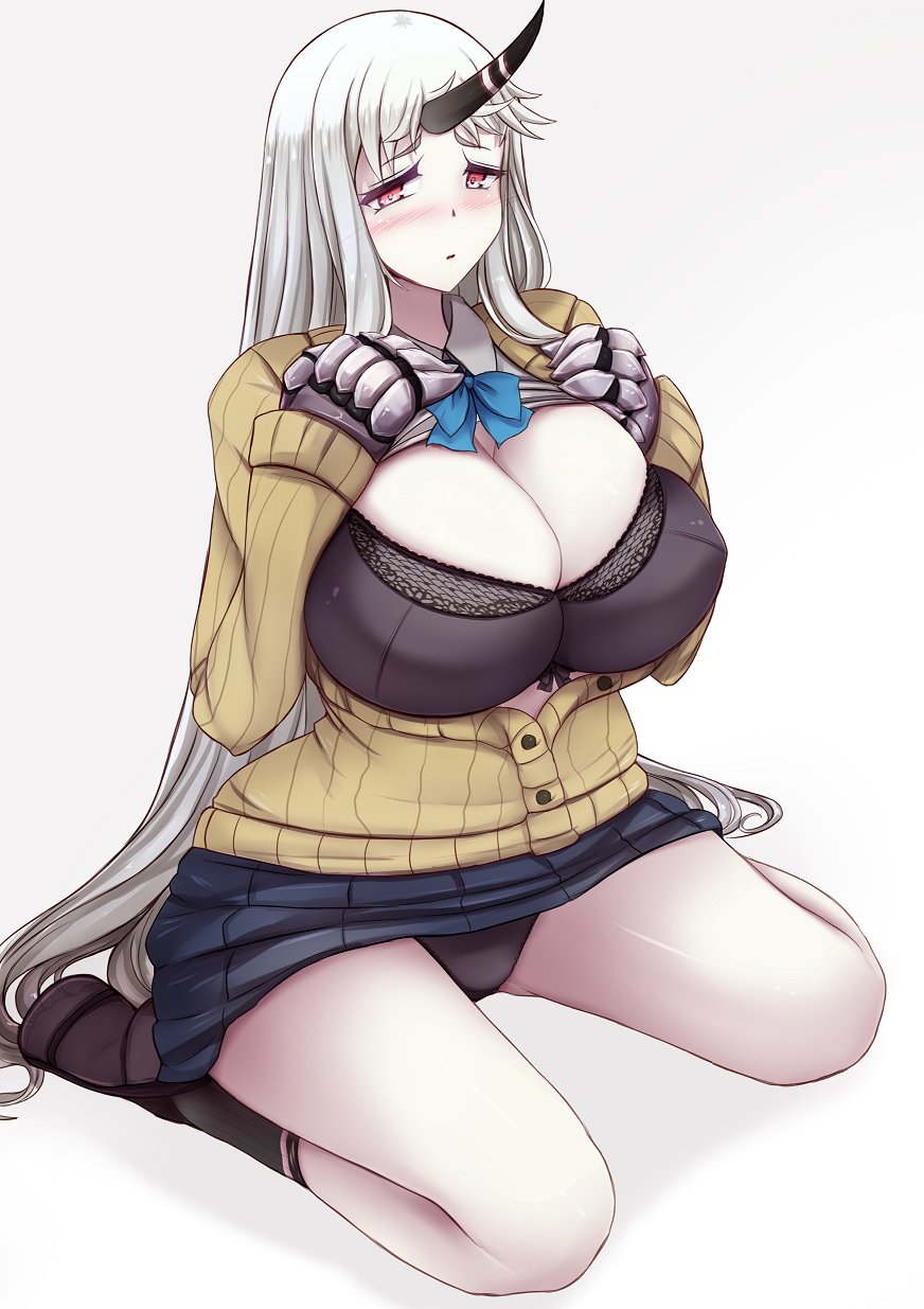 1girl alternate_costume black_bra black_legwear black_panties blue_skirt blush bra breasts cardigan claws cleavage commentary_request embarrassed full_body hands_on_own_chest highres horn huge_breasts kantai_collection long_hair long_sleeves looking_at_viewer open_clothes open_shirt pale_skin panties pantyshot red_eyes seaport_hime shiny shiny_skin shirt shoes silver_hair simple_background skirt socks solo underwear very_long_hair yuzumiya_mono