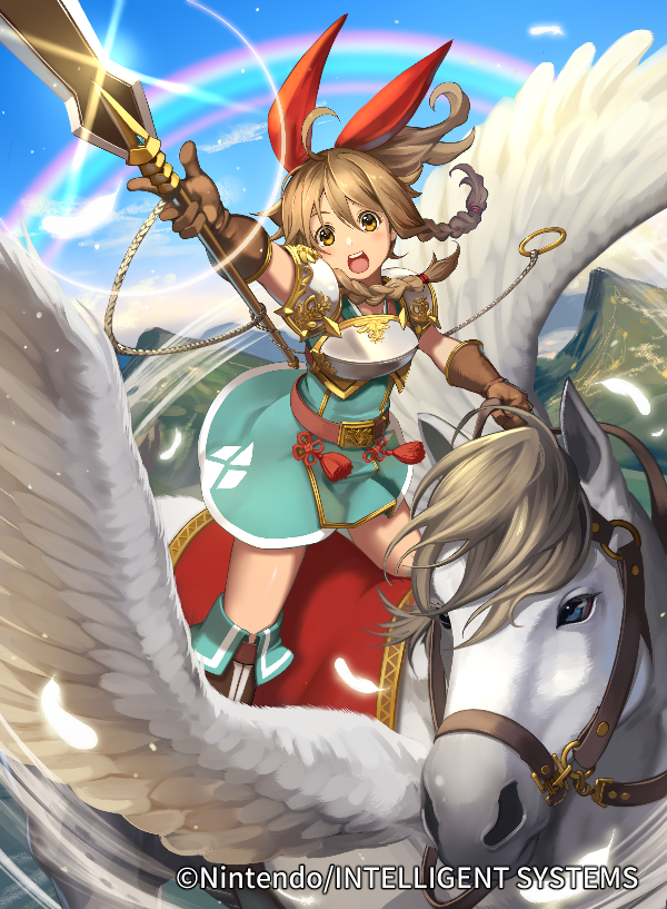 1girl ahoge blue_eyes boots bow braid brown_hair company_name emma_(fire_emblem) feathered_wings fire_emblem fire_emblem_cipher gloves i-la long_hair mountain official_art open_mouth orange_eyes pegasus pegasus_knight polearm ponytail rainbow sky spear teeth weapon wings