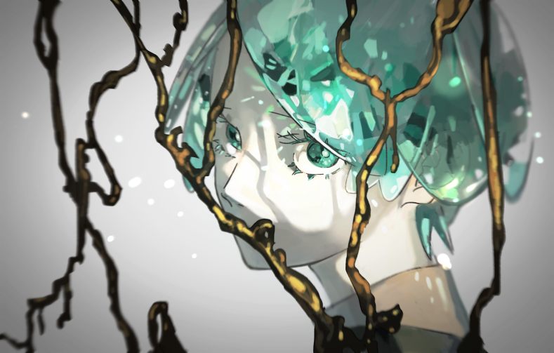androgynous aqua_hair bangs blurry colored_eyelashes covered_mouth crystal depth_of_field face gold grey_background houseki_no_kuni light_particles looking_at_viewer phosphophyllite shade short_hair solo toooka
