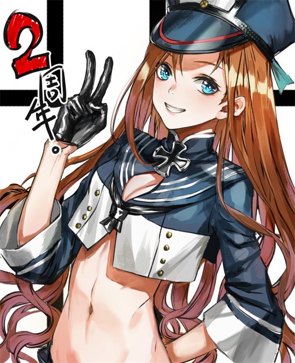 1girl arm_behind_back black_gloves blue_eyes blue_hat blue_jacket breasts brown_hair buttons chinese cleavage cropped_jacket gloves grin hair_between_eyes hat infukun iron_cross jacket koln_(zhan_jian_shao_nyu) long_hair looking_at_viewer midriff military military_hat military_uniform navel small_breasts smile solo teeth text uniform v zhan_jian_shao_nyu