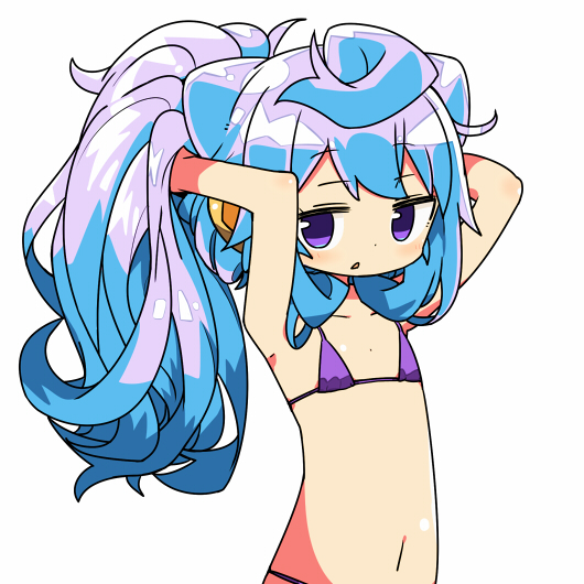 1boy armpits arms_up bikini blue_hair hacka_doll hacka_doll_3 kanikama long_hair looking_at_viewer male_focus navel simple_background solo stomach swimsuit trap violet_eyes wavy_hair white_background