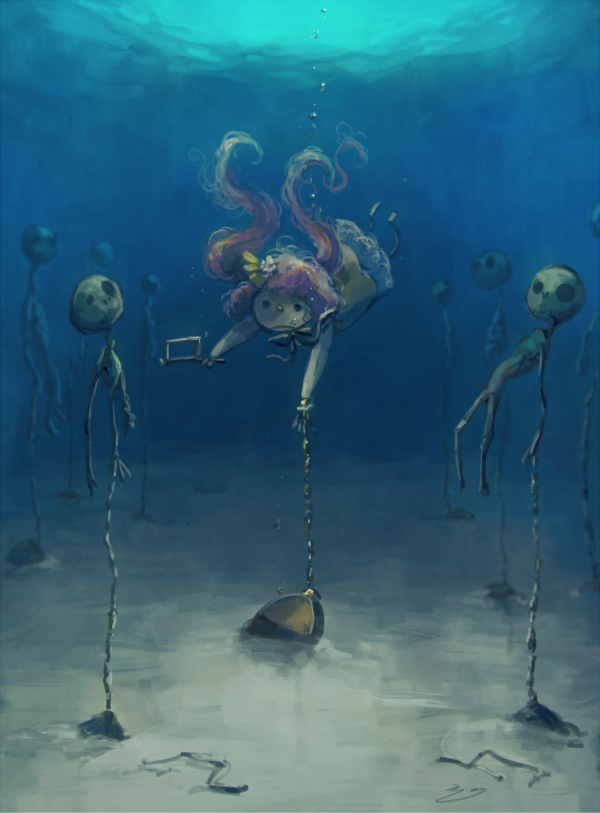 1girl asphyxiation chain commentary drowning koto_inari saw skeleton stone touhou tsukumo_benben underwater