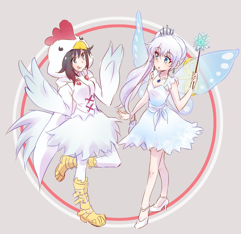 2girls bag chicken_costume fairy_wings handbag iesupa multiple_girls ruby_rose rwby wand weiss_schnee wings