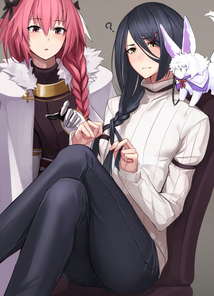 2boys ? black_hair blush braid braiding_hair caster_(fate/prototype_fragments) crossed_legs denim fate/apocrypha fate/prototype fate/prototype:_fragments_of_blue_and_silver fate_(series) fou_(fate/grand_order) hair_between_eyes hair_ornament hair_ribbon hairclip hairdressing jeans long_hair long_sleeves multiple_boys on_shoulder otoko_no_ko pants pink_eyes pink_hair ribbed_sweater ribbon rider_of_black shijiu_(adamhutt) single_braid sitting sweater yellow_eyes