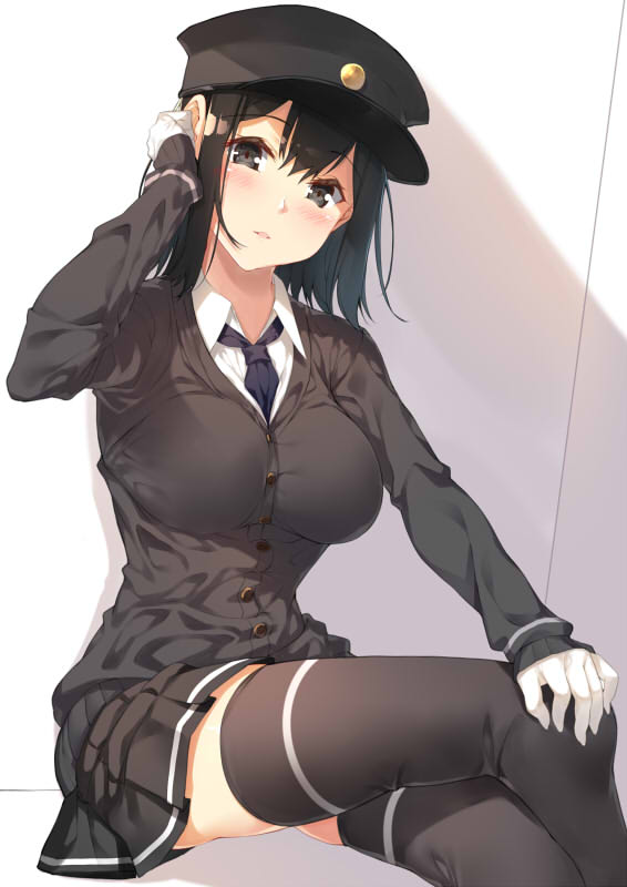 1girl akitsu_maru_(kantai_collection) black_eyes black_hair black_hat black_legwear black_necktie blush breasts commentary_request crossed_legs gloves hat kantai_collection large_breasts looking_at_viewer military military_hat military_uniform necktie peaked_cap pleated_skirt short_hair sitting skirt smile solo thigh-highs uniform white_gloves yatsu_(sasuraino)