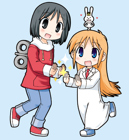 2girls ac_japan black_eyes black_hair blonde_hair blue_eyes labcoat long_hair lowres multiple_girls necktie nekoma_kotomitsu nichijou open_mouth orange_hair professor_shinonome rabbit school_uniform shinonome_nano short_hair skirt smile winding_key