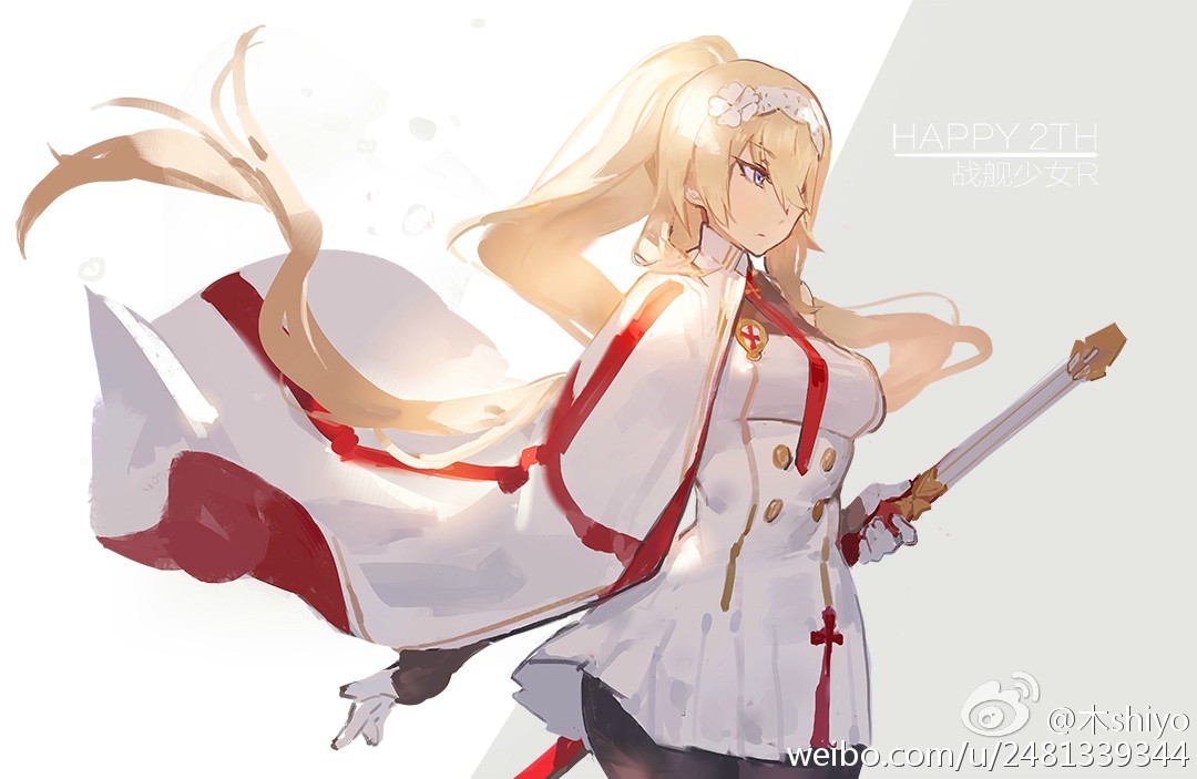 1girl artist_name blonde_hair blue_eyes breasts buttons cape copyright_name double-breasted emblem english_flag engrish flag_print flower gloves hair_flower hair_ornament hair_over_one_eye hairband holding holding_weapon jacket kishiyo long_hair military military_uniform necktie pantyhose pleated_skirt ponytail ranguage red_necktie scabbard sheath simple_background sketch skirt solo standing sword text uniform watermark weapon weibo_username white_gloves white_jacket white_skirt zhan_jian_shao_nyu