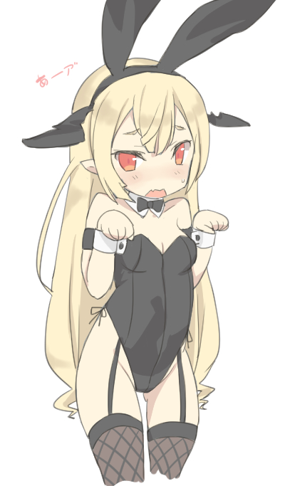 1girl animal_ears blonde_hair blush bow bowtie bunny_girl bunny_pose bunny_tail bunnysuit camilla_regina detached_collar fake_animal_ears fang fishnets garter_straps hairband head_wings lo_xueming long_hair open_mouth pointy_ears pop-up_story rabbit_ears red_eyes sweatdrop tail thigh-highs vampire wrist_cuffs