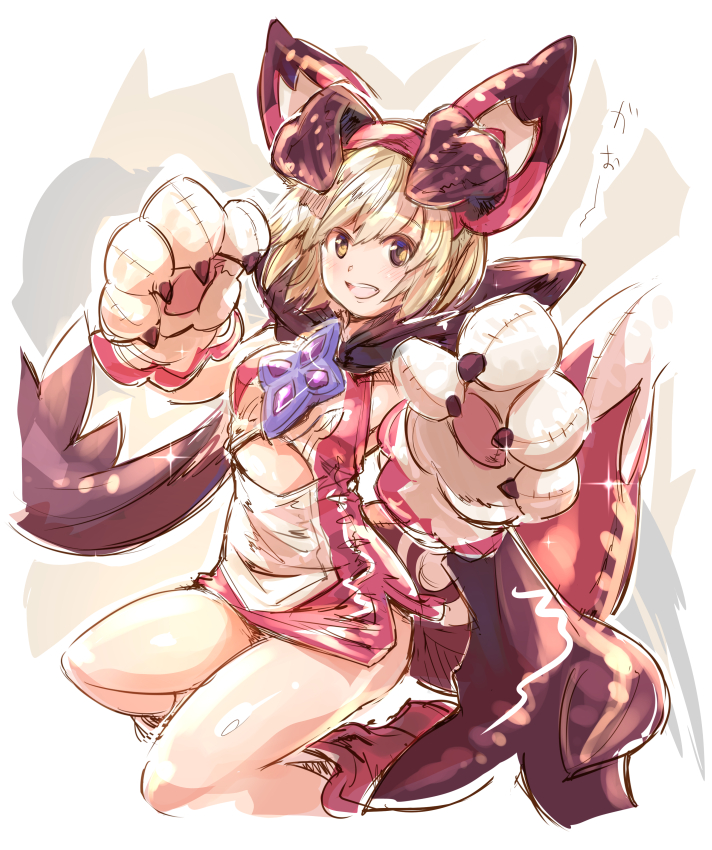 1girl :d animal_costume bangs blonde_hair blush claws cosplay costume djeeta_(granblue_fantasy) dragon_costume dragon_horns dragon_tail dress fake_horns fake_tail gloves granblue_fantasy hair_between_eyes hairband haku_(sabosoda) horns looking_at_viewer open_mouth orange_eyes paw_gloves paws short_dress short_hair smile solo sparkle tail vee_(granblue_fantasy) vee_(granblue_fantasy)_(cosplay)