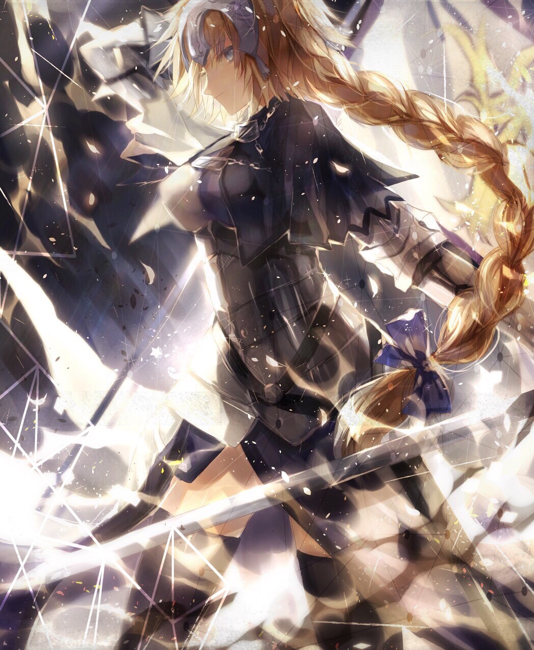 1girl armor blonde_hair blue_eyes braid breasts fate/grand_order fate/stay_night fate_(series) headpiece highres large_breasts long_braid looking_at_viewer ruler_(fate/apocrypha) single_braid solo standard_bearer sword tsugutoku weapon