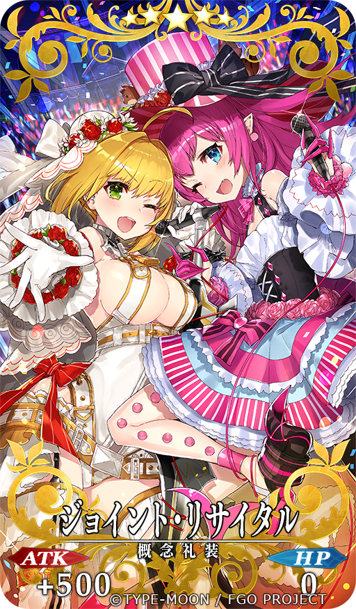 2girls ;d ahoge belt blonde_hair blue_eyes bow breasts chain corset detached_sleeves dress fate/extra fate/extra_ccc fate/grand_order fate_(series) flower flower_ornament gloves green_eyes hat idol lancer_(fate/extra_ccc) lock long_hair microphone mika_pika_zo multiple_girls official_art one_eye_closed open_mouth padlock pink_hair pointy_ears saber_bride saber_extra smile top_hat veil