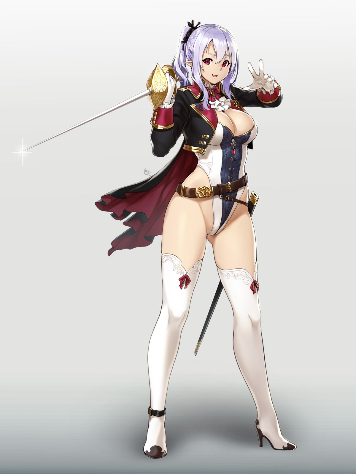 1girl :d beltskirt black_cape black_coat black_ribbon boots bow bowtie breasts brooch cape cleavage commentary_request cowboy_shot crop_top full_body gloves hair_between_eyes hair_ribbon highleg highleg_leotard highres holding holding_sword holding_weapon houtengeki jewelry large_breasts lavender_hair leotard long_sleeves looking_at_viewer open_mouth original pointy_ears ponytail rapier red_bow red_bowtie red_eyes ribbon scabbard sheath short_eyebrows smile solo sword thigh-highs thigh_boots weapon white_boots white_gloves white_legwear